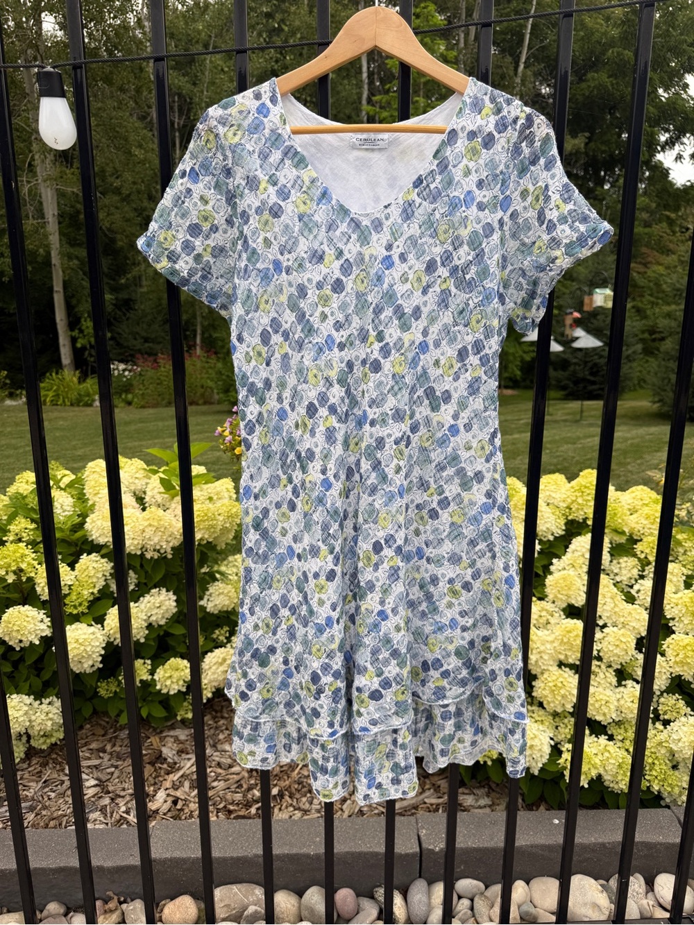UK Boutique | Lagenlook Blue, White & Green Floral Short Sleeve Dress